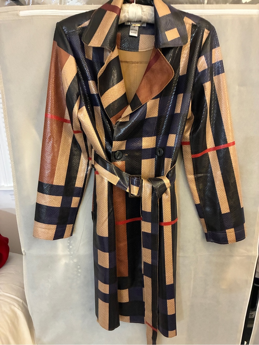 Aris Plaid Trench Coat in Black, Tan & Red